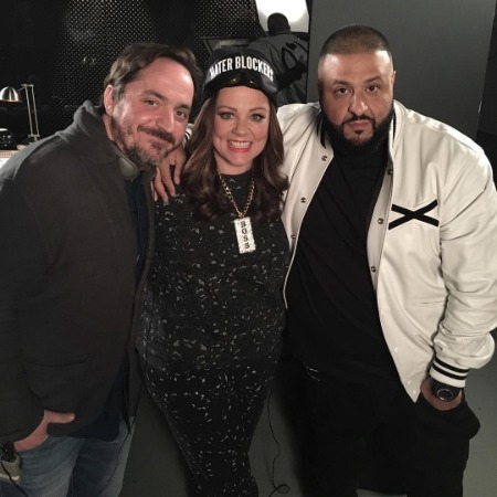 Ben Falcone with his wife Melissa McCarthy and DJ Khaled.